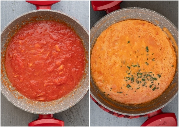 The sauce cooked with parsley added in a red pan.