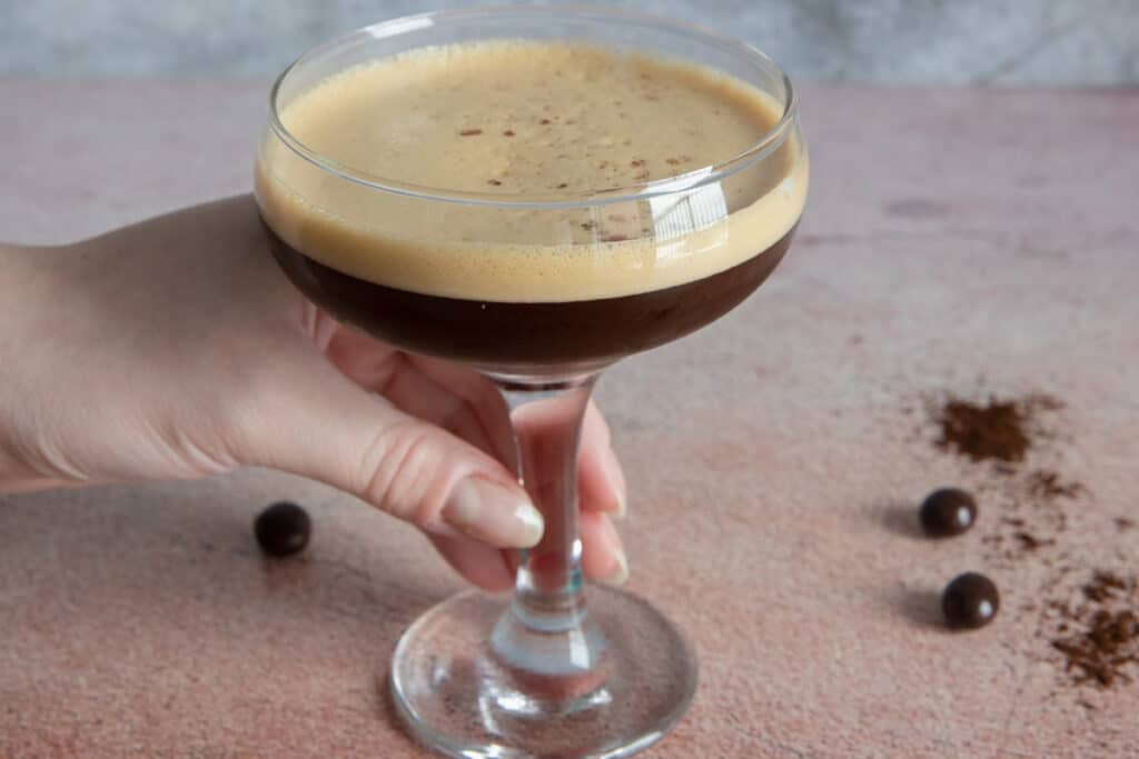 Espresso martini in a glass.