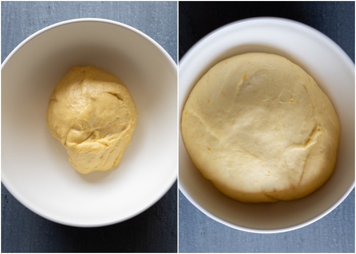 The dough before and after rising in a white bowl.