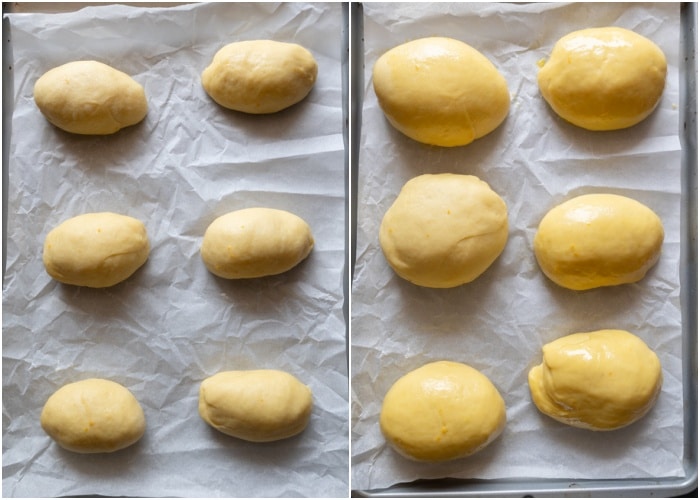 The buns on the parchment paper lined baking sheet before and after rising.