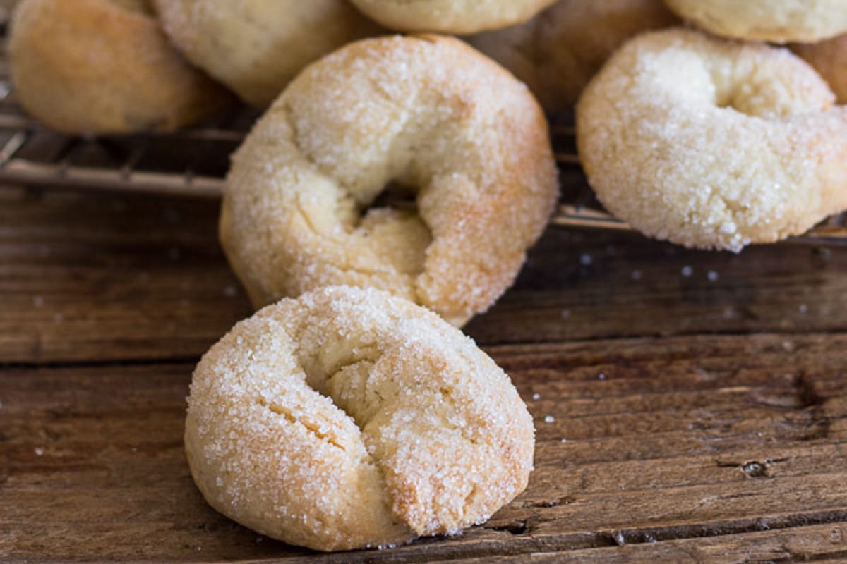 Wine cookies on a brown board.