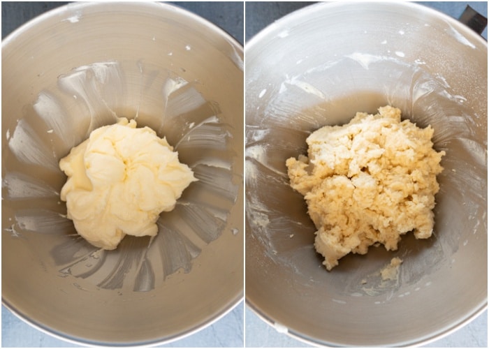 The wet ingredients creamed and mixed with the dry ingredients in a silver mixing bowl.