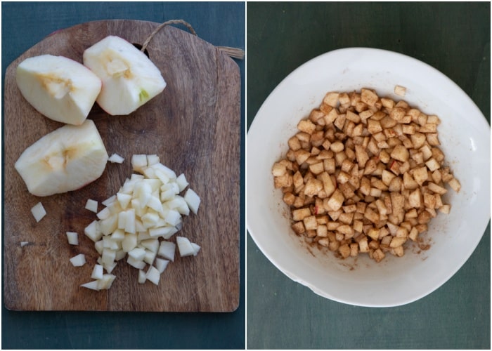 Apple chopped and mixed in a white bowl.