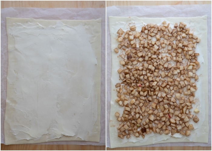 Spreading the butter on the pastry and spreading the filling on top.