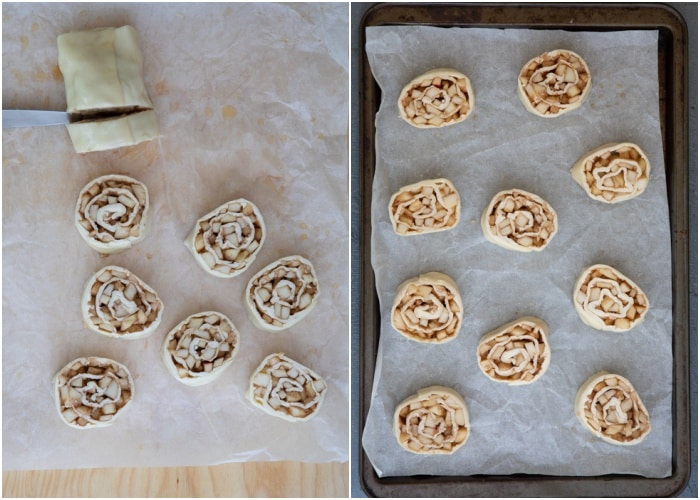 The roll cut into slices and on the baking sheet.