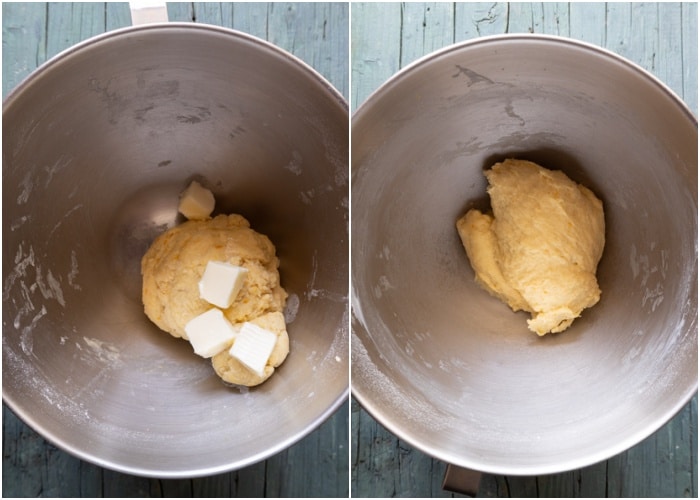 Adding the butter and kneading it together in the mixing bowl.