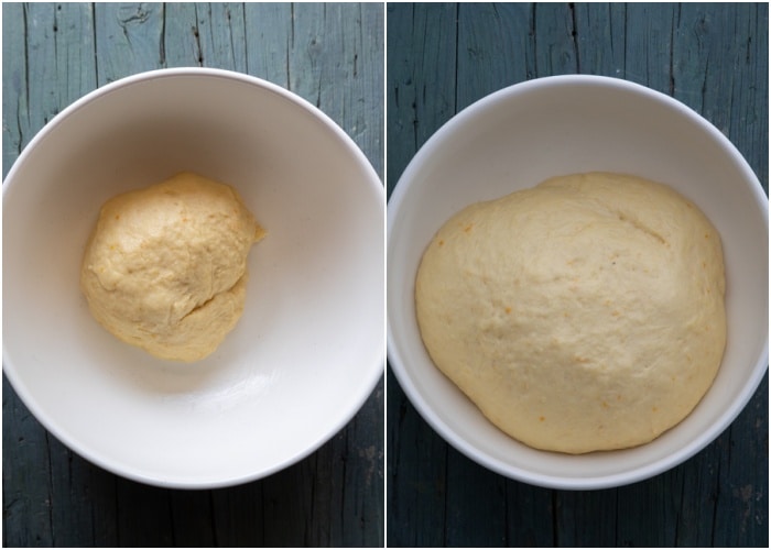 The dough before and after rising.