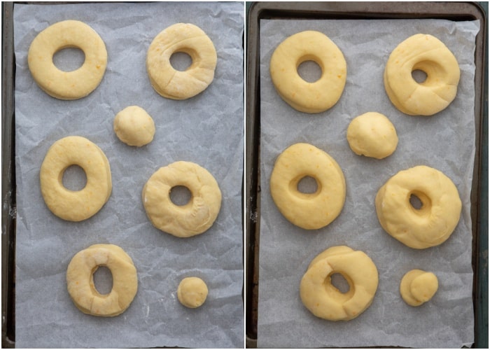 The donuts on the baking sheet before and after rising.