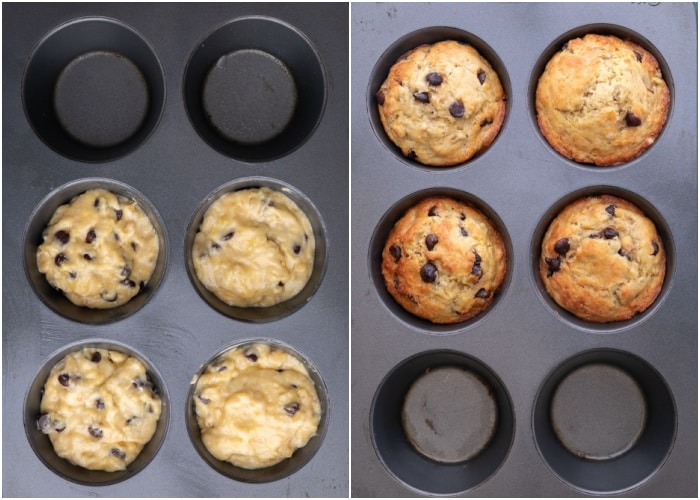 The muffins in the tin before and after baking.