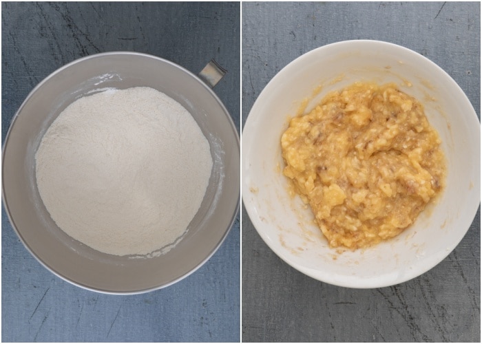 The dry ingredients whisked and the mashed bananas in a bowl.