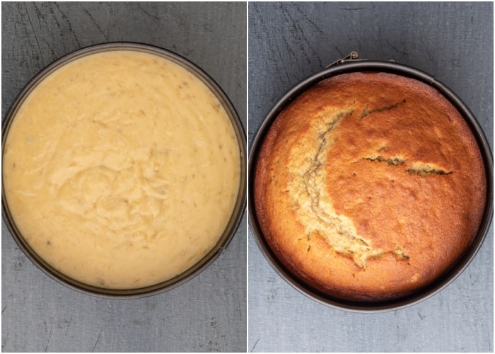 The cake before and after baking in the baking pan.