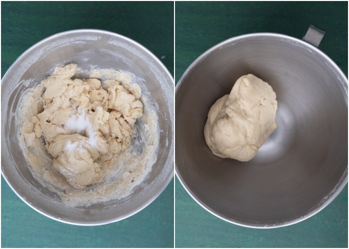 Making the dough in the mixing bowl.