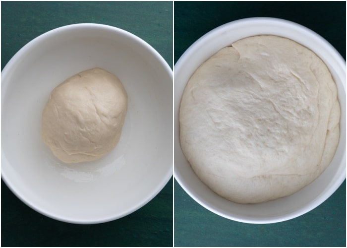 The dough in a white bowl before and after the first rise.