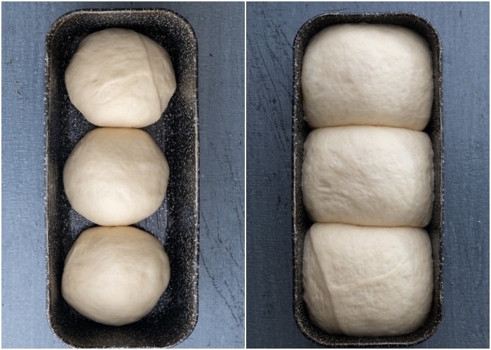 The dough in the loaf pan before and after the second rise.