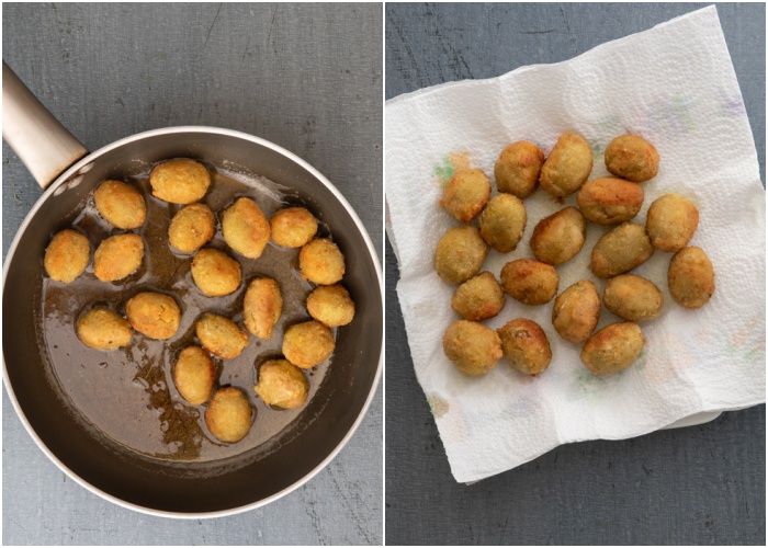 Frying the olives and on a plate with paper towels.