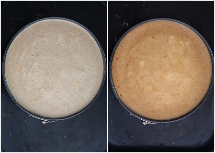 The batter in the pan before and after baking.