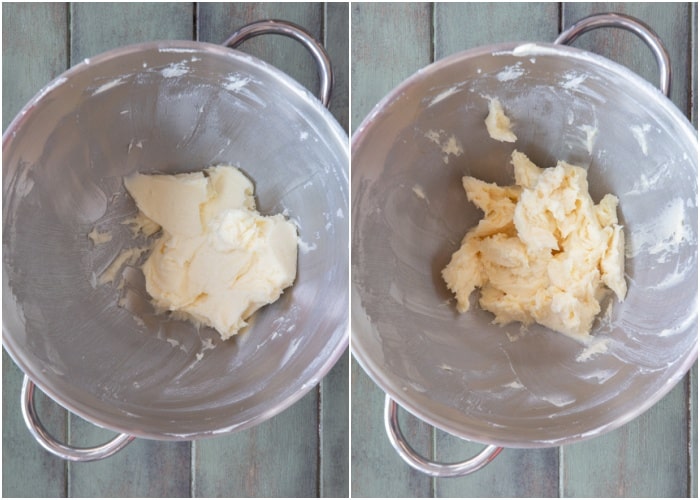 The butter creamed in the mixing bowl and the eggs added.