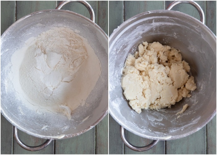 The flour added and mixed to for a dough.