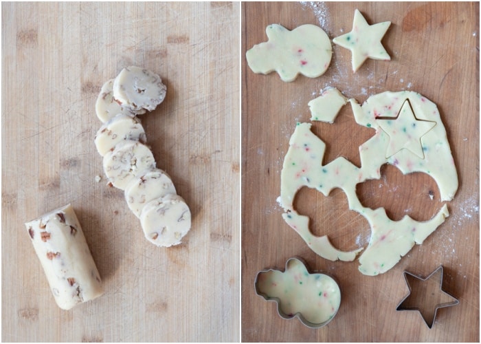 Slicing the dough and cutting out cookies.