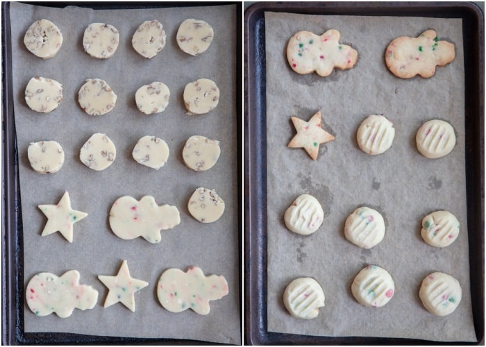 The cookies on a baking sheet before and after. baking.