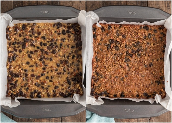 Butter tart squares before and after baking.