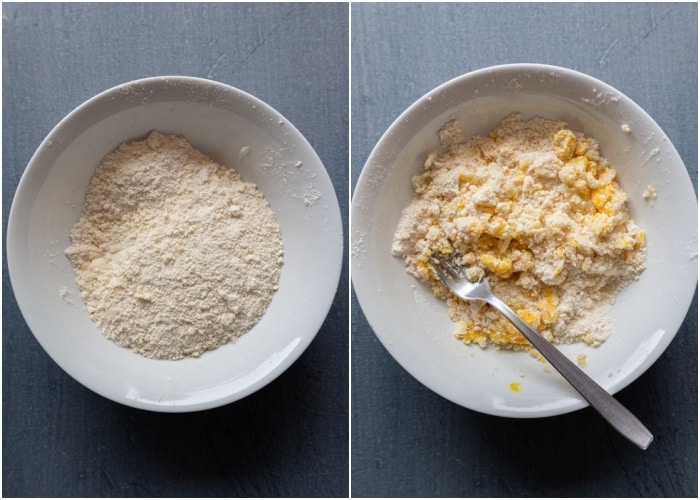 Mixing the dry and adding the wet to the bowl.