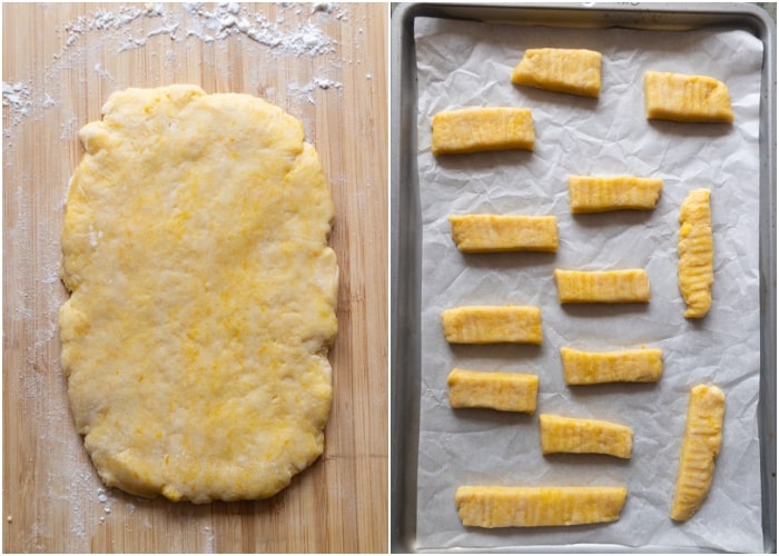 The dough rolled and cut into strips.