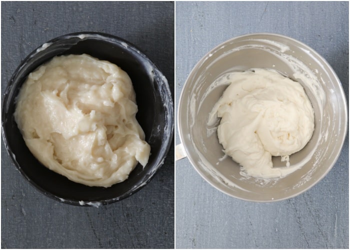 Making the milk cream in the mixing bowl and made in a blue bowl.