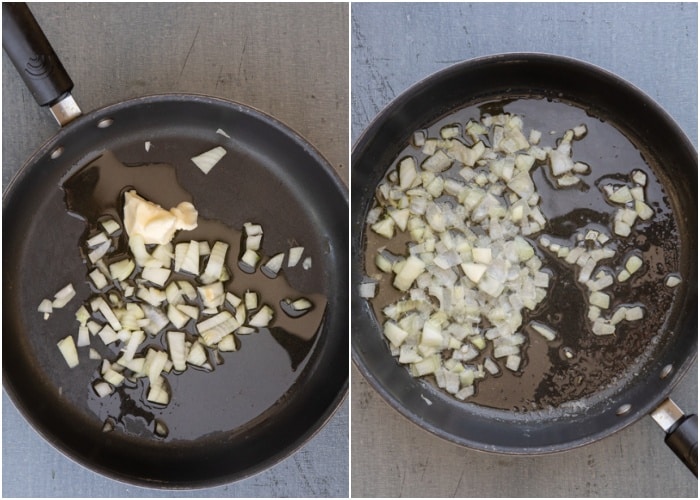 The onion cooked before and after in a black pan.