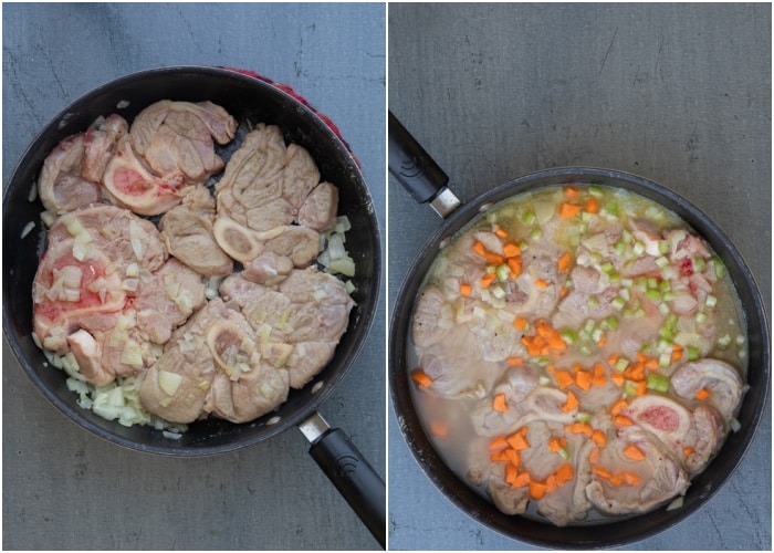 Cooking the meat with the remaining ingredients in a black pan.