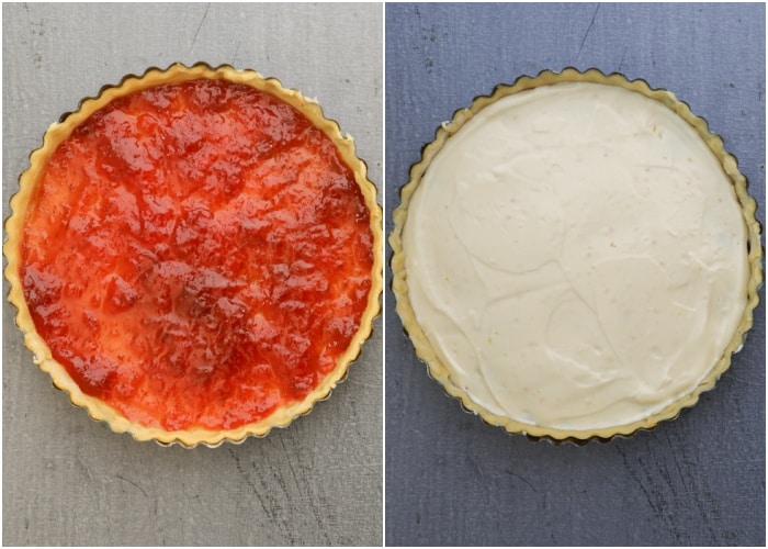 The jam and ricotta on the pie dough.