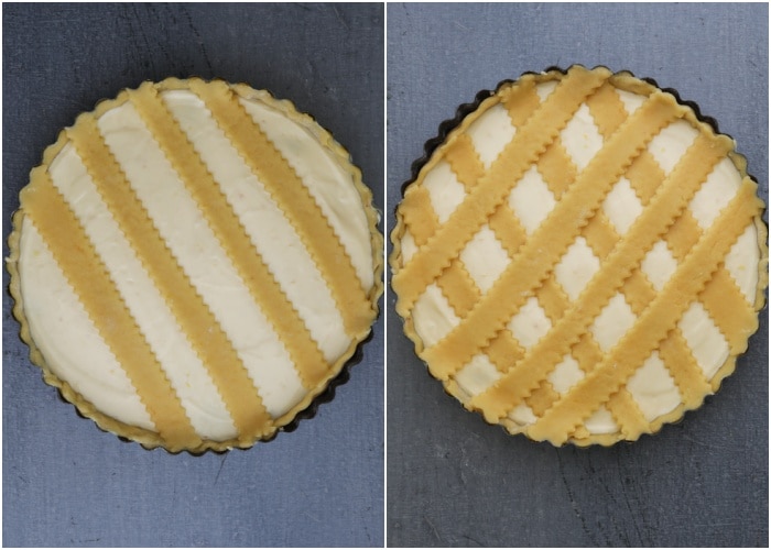 The lattice trim on the pie before baking.