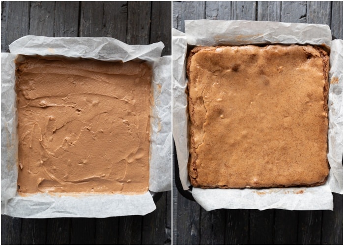 The bars before and after baked in the square pan.