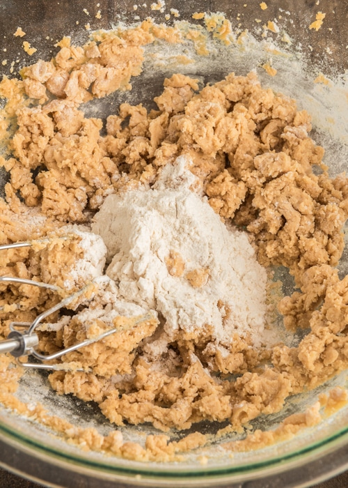 Adding the flour and pecans in the bowl.