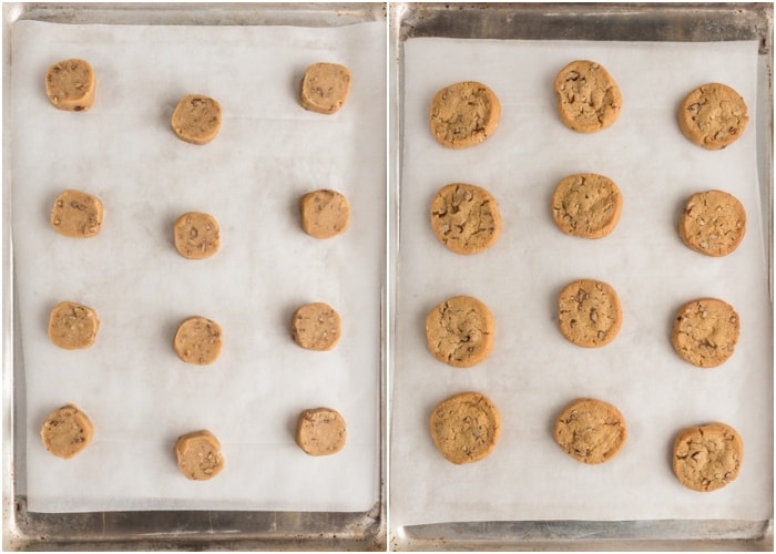 the cookies on the baking sheet before and after baking.