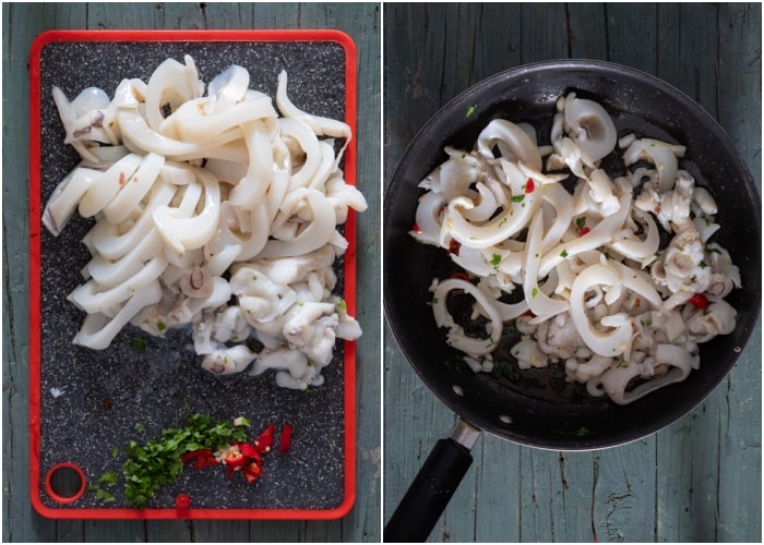 The sliced calamari on a board and in the pan.