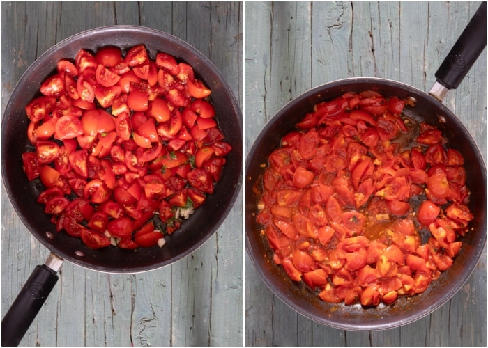 Tomatoes in the pan before and after cooked.