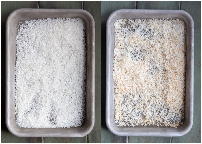 Toasted coconut before and after.