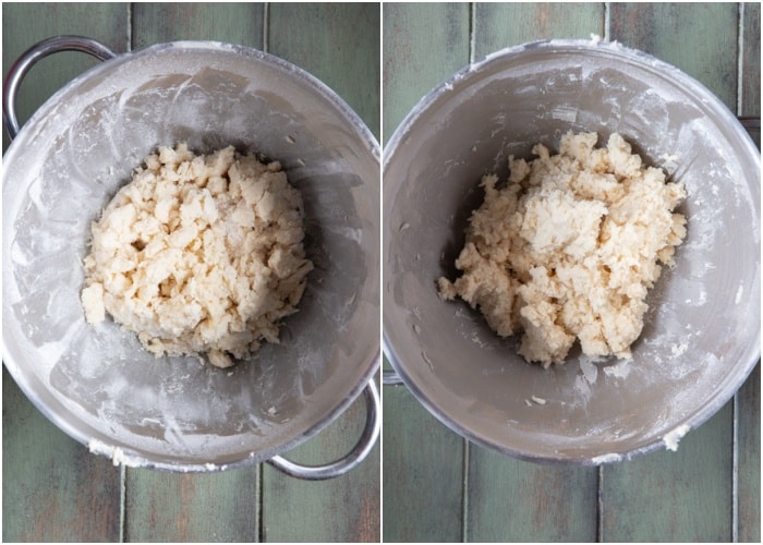 Adding the dry ingredients to the creamed butter.