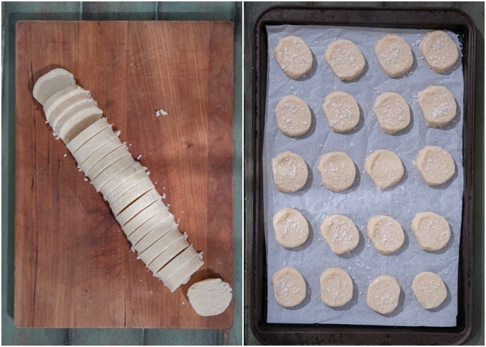 The dough sliced and placed on a baking sheet.