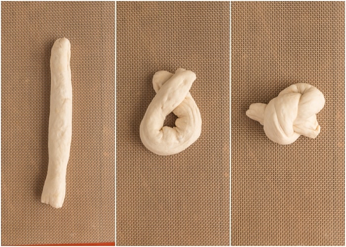 The dough rolled into a rope and shaped into a knot.