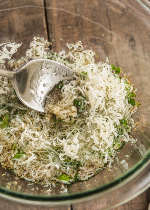 Making the topping in a glass bowl.