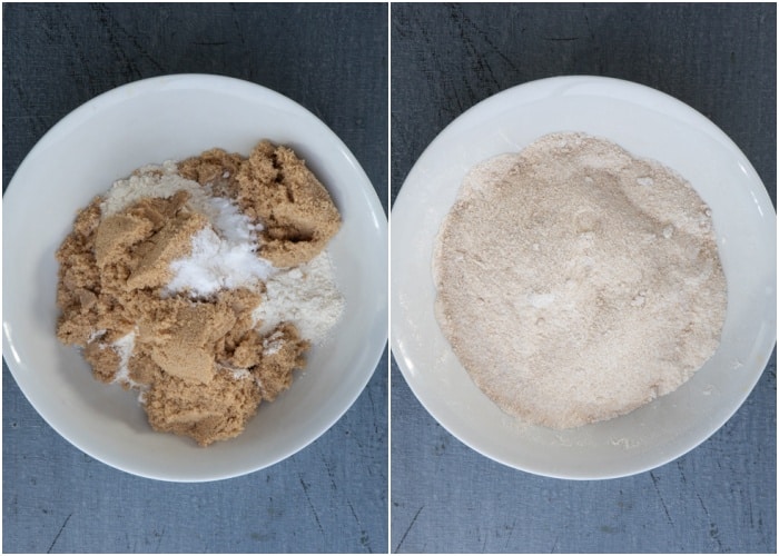 Mixing the dry ingredients in a white bowl.