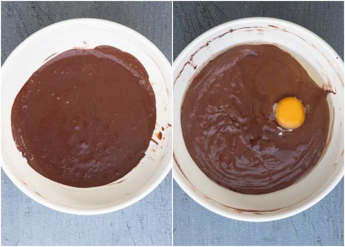 Mixing the wet ingredients in a white bowl.