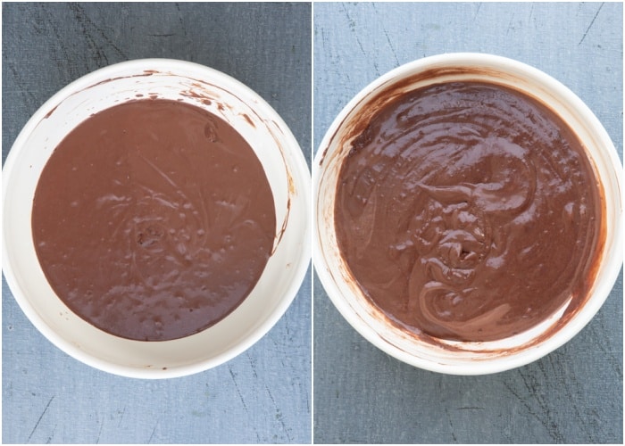 Combing the wet and dry ingredients in a white bowl.