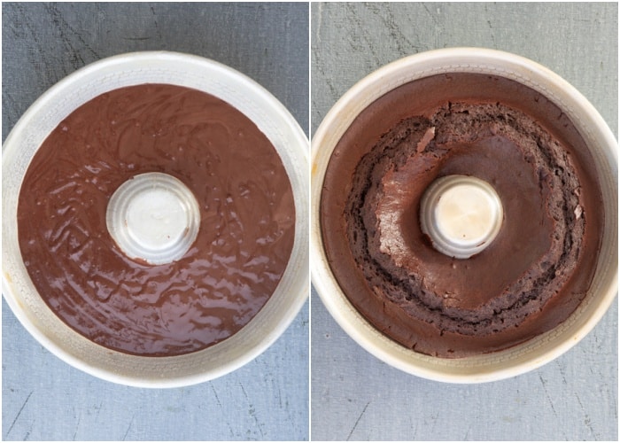 The cake in the bundt pan before and after baking.