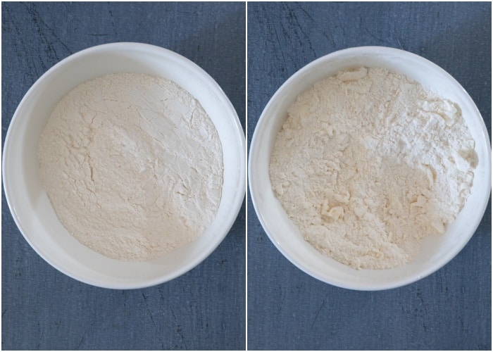 Whisking the dry ingredients and cutting in the butter in a white bowl.