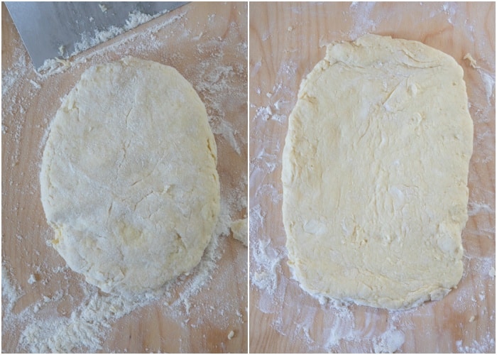 Patting the dough and forming into a rectangle on a wooden board.