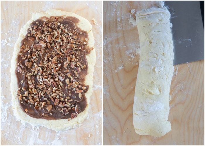 Adding the filling and nuts and rolling up the dough.