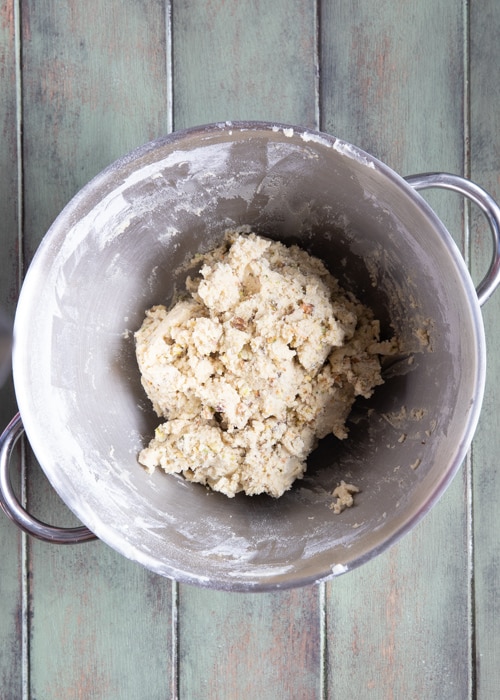 The cookie dough mixed in the bowl.